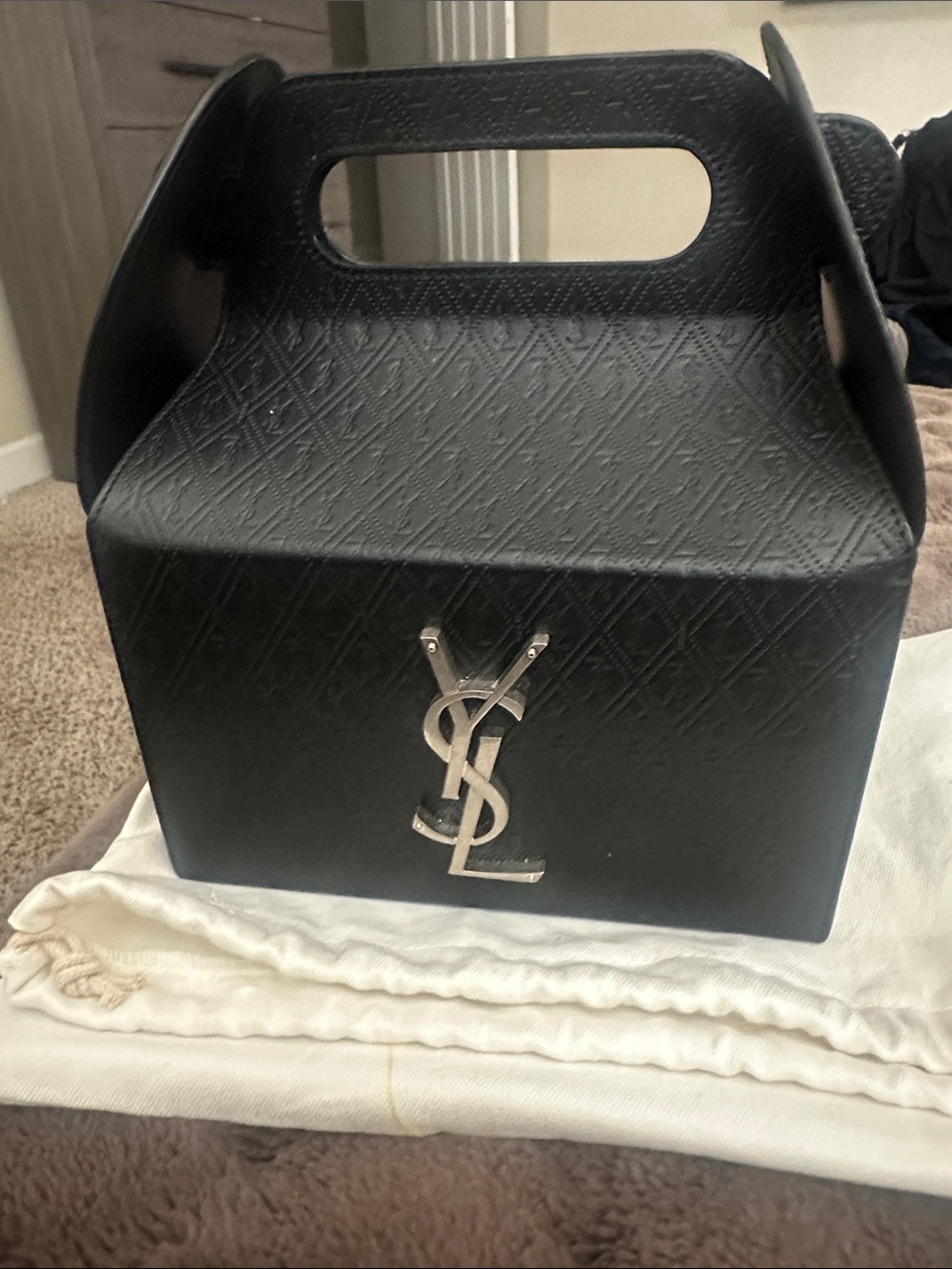 Saint Laurent Black Textured Leather Top-Handle Box Bag with Silver YSL Emblem